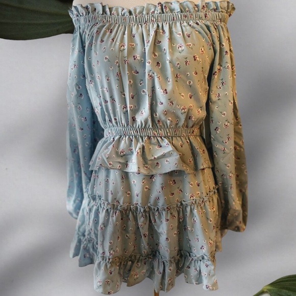 NEW Sky Blue & Purple Floral Off Shoulder Long Sleeve Peasant Top & Skirt Set - Picture 3 of 4